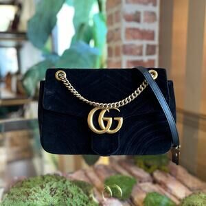 GUCCI GG Marmont Small Black Velvet Matelasse Shoulder Bag